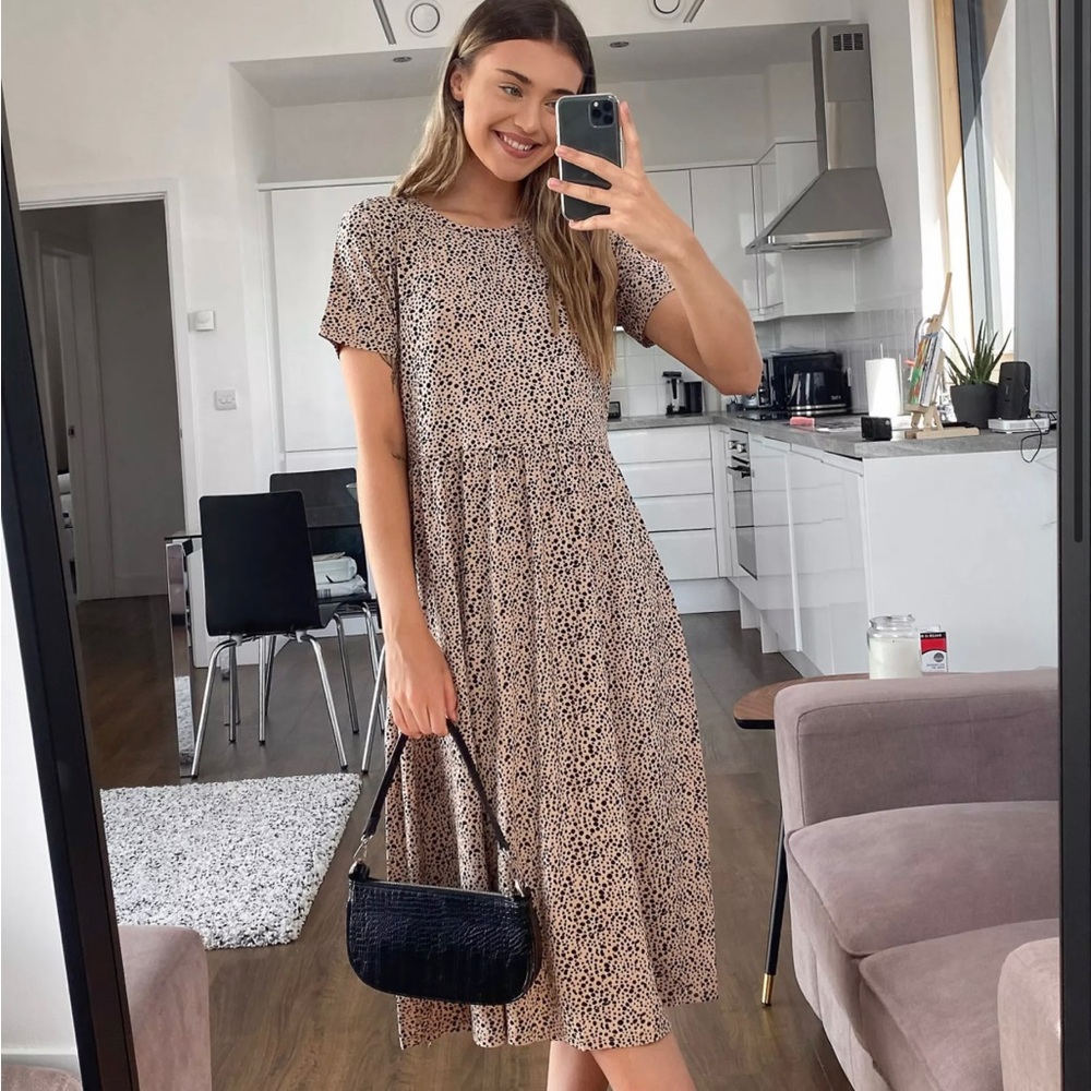 Wednesday's Girl midi smock dress in beige smudge spot print